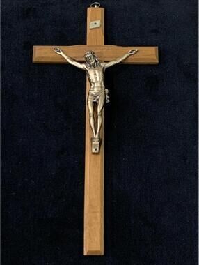 Vintage 1980s–1990s Balsa Wood Crucifix 10” Gold Tone Pewter Corpus INRI